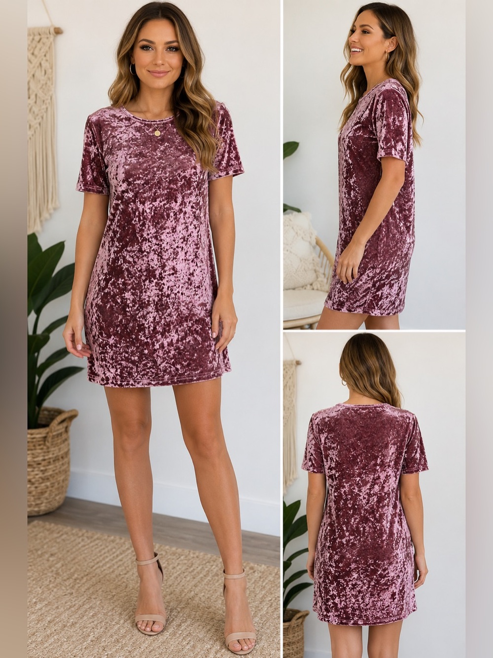 Crushed Velvet Mini Shift Dress in Dusty Rose Short Sleeve Medium